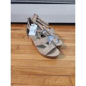 Womens Beige Cork Platform Wedge Sandals Ankle Straps Size 7 Medium Zipper Heel